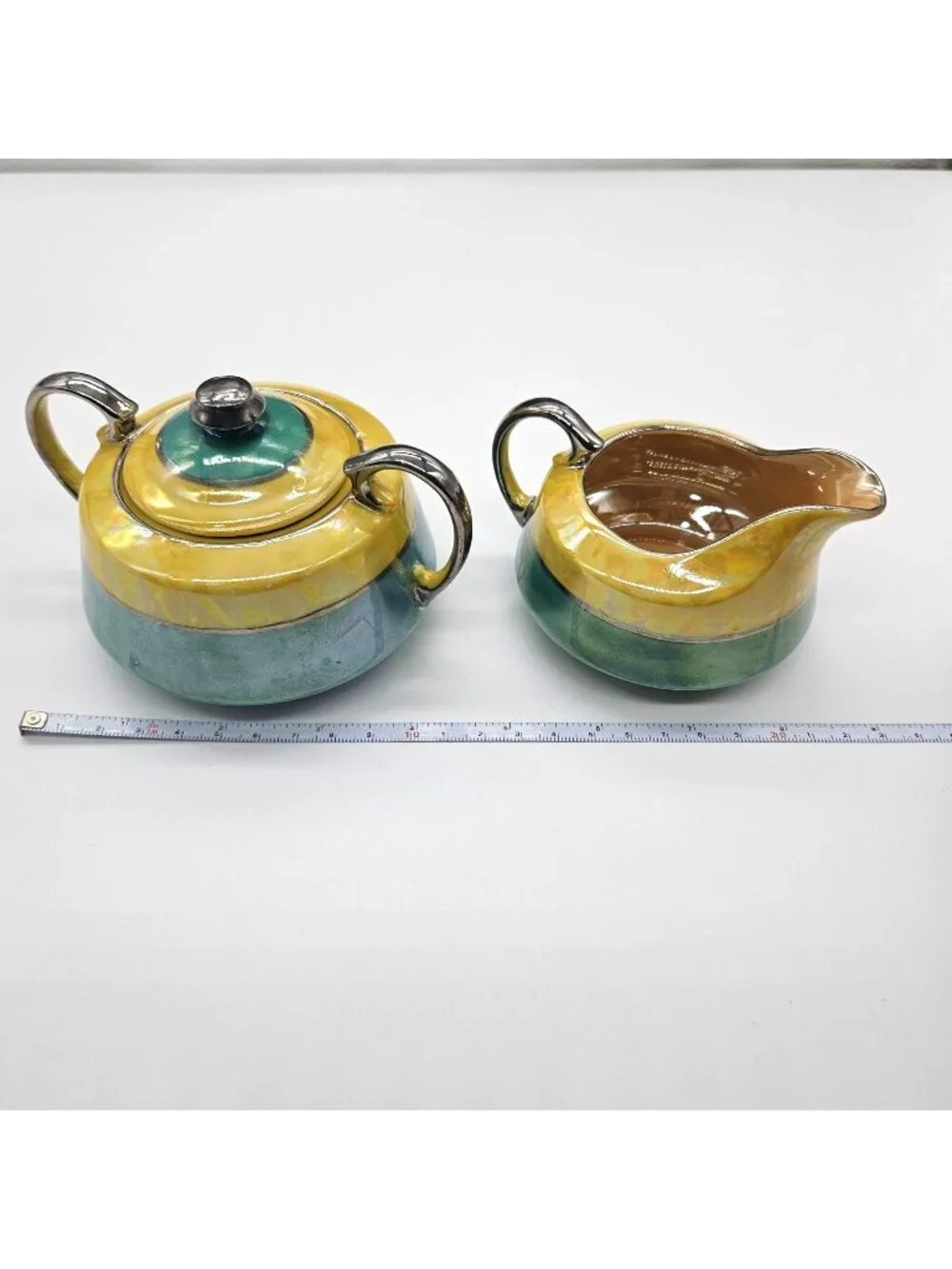 Vintage lusterware Creamer Sugar Bowl Set Yellow teal blue green Made In Japan